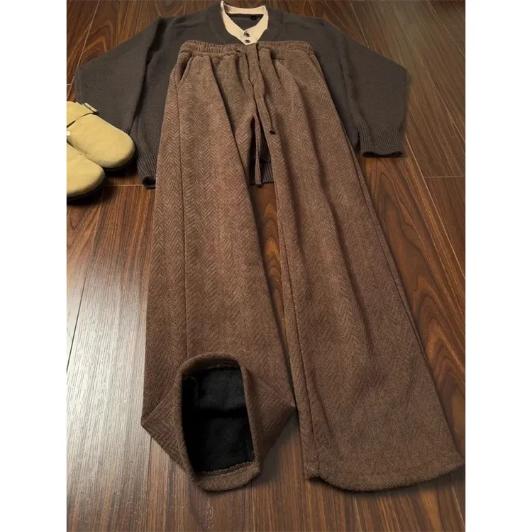美拉德咖色人字纹休闲裤男秋冬美式复古垂感裤子阔腿针织加绒卫裤