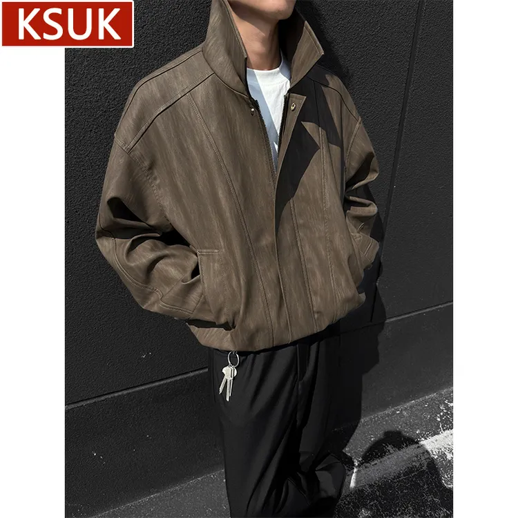 KSUK美式复古扎染PU皮夹克男春秋款潮牌百搭宽松休闲翻领大码外套