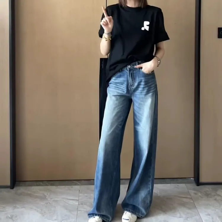 春季高腰显瘦大码阔腿裤春季百搭新款别致直筒牛仔裤