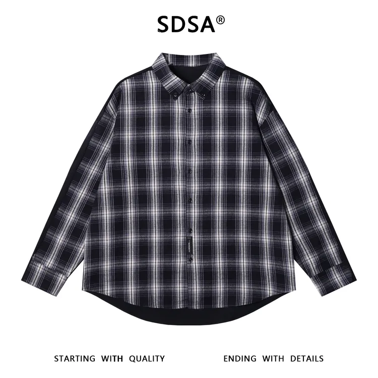 SDSA秋冬新款痞帅男装美式拼接撞色格纹翻领长袖衬衫字母印花百搭