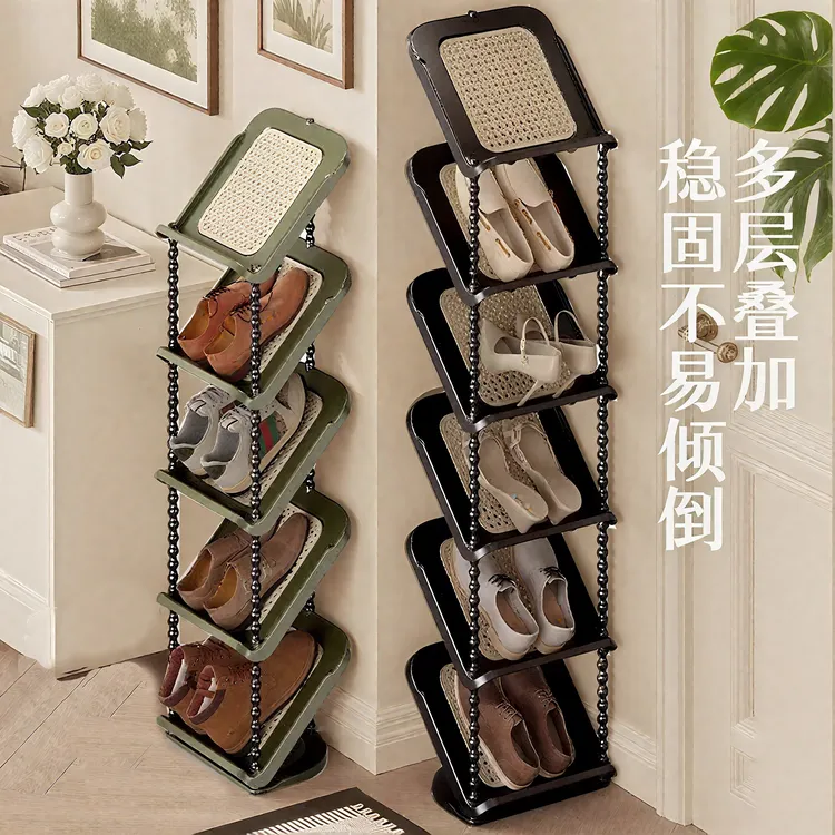 中古风好高级！新家鞋架藤编复古鞋柜多层租房收纳神器置物架网红