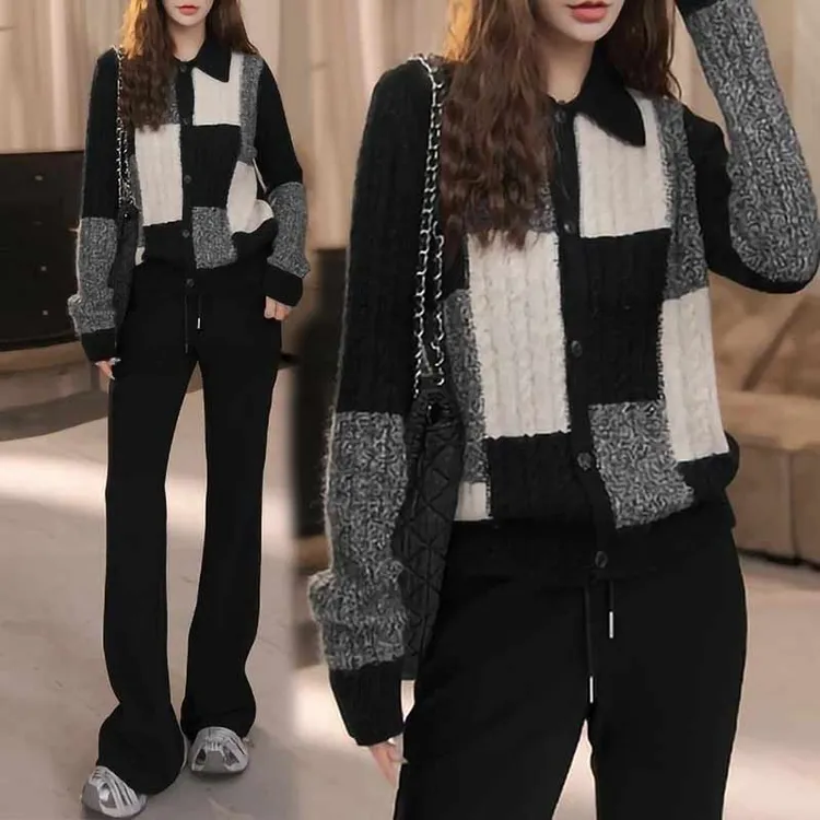 【定格】冬季韩版格子百搭开衫毛衣