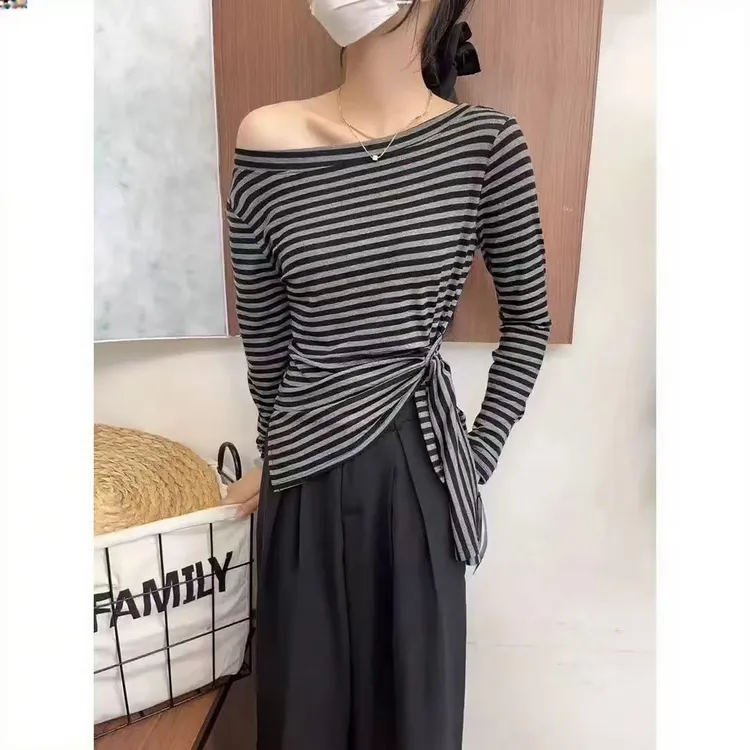 【6-8运补】韩系下摆不规则开叉收腰设计感显瘦百搭斜肩T+白色圆领