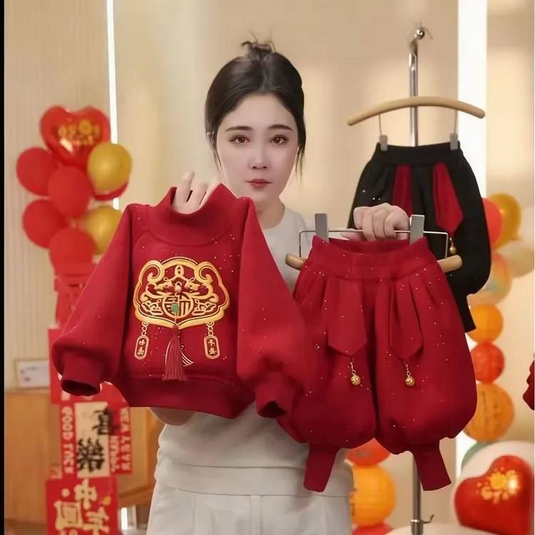 儿童加绒冬季套装2026新款男女童加厚喜庆拜年服宝宝中国风两件套