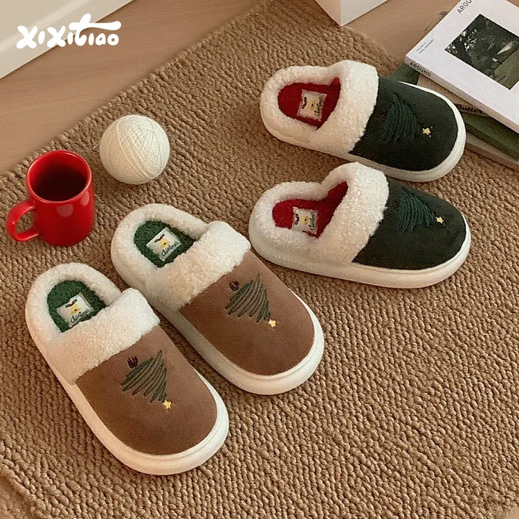 细细条 圣诞树棉拖鞋男女冬季ins复古撞色情侣室内防滑居家毛毛鞋