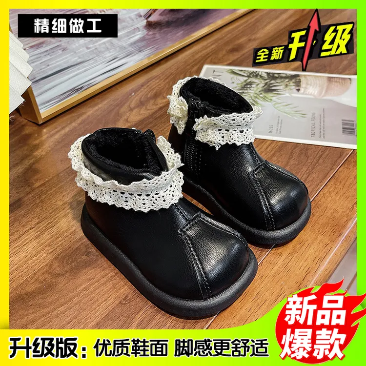 棉靴皮革拼接女国风软底学步鞋公主风小童时尚棉鞋加绒女童舒适