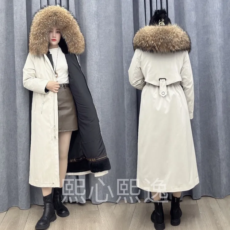 脚踝款派克服女25款可拆卸獭兔毛内胆皮草长款貉子大毛领过膝大衣