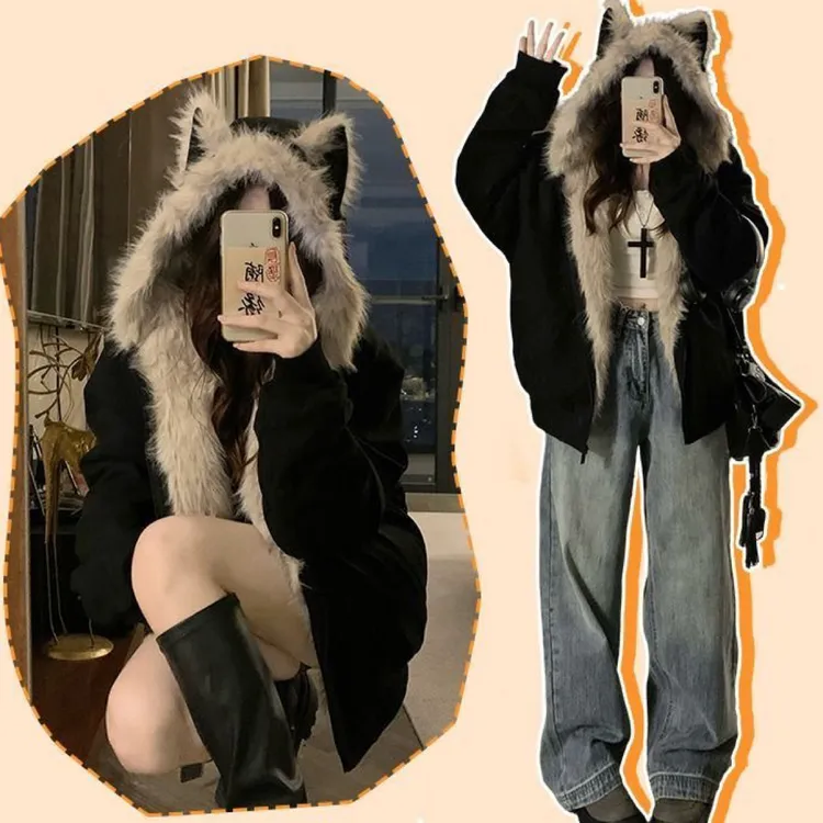 美式高街时尚保暖座山雕猫耳朵毛领连帽棉衣冬季加厚夹克棉服外套