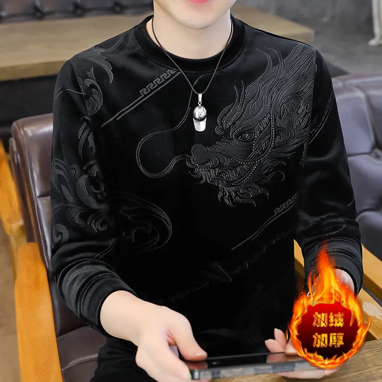 2025新款高端金丝绒男士长袖t恤加绒圆领打底衫潮牌印花卫衣男潮
