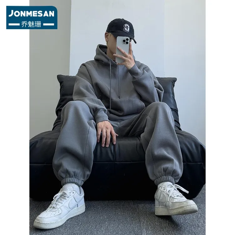 潮牌运动卫衣套装男士2026秋季新款简约高级感宽松大码休闲两件套