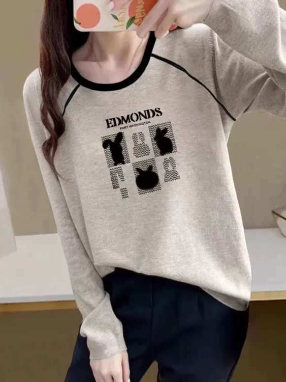 撞色拼接打底衫2025春秋季新款ins潮宽松内搭92棉米灰色长袖t恤女