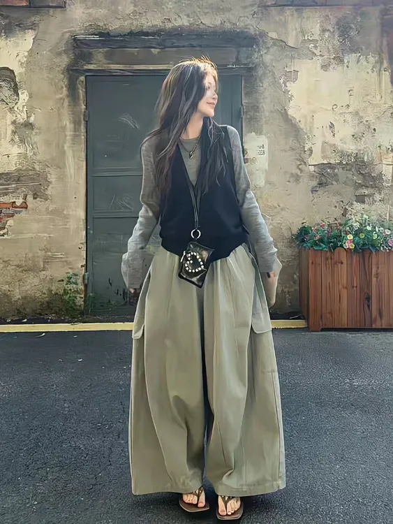 秋季套装2025新款时尚套装高腰显瘦阔腿工装裤马甲针织两件套秋款