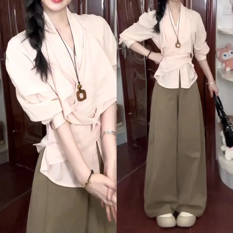 早秋独特超好看套装女韩款通勤绑带收腰粉色衬衫搭配阔腿裤两件套
