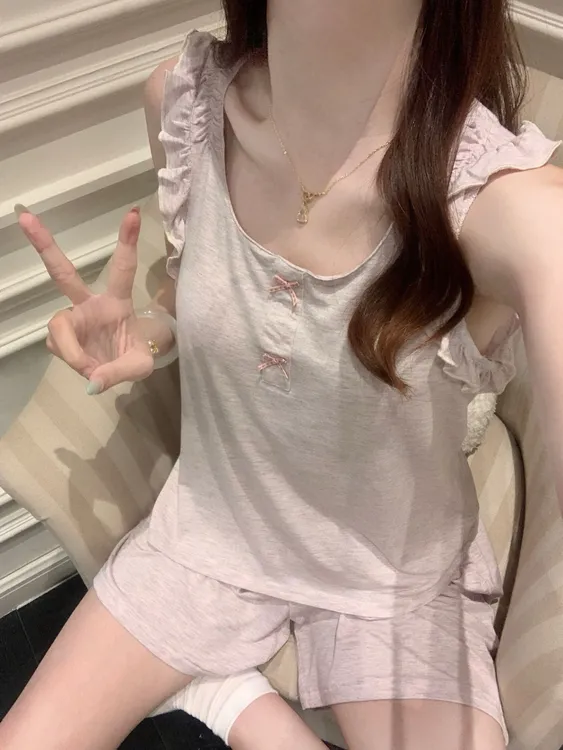 莫代尔彩棉带胸垫睡衣女夏季舒适背心短裤甜美精致可外穿家居服