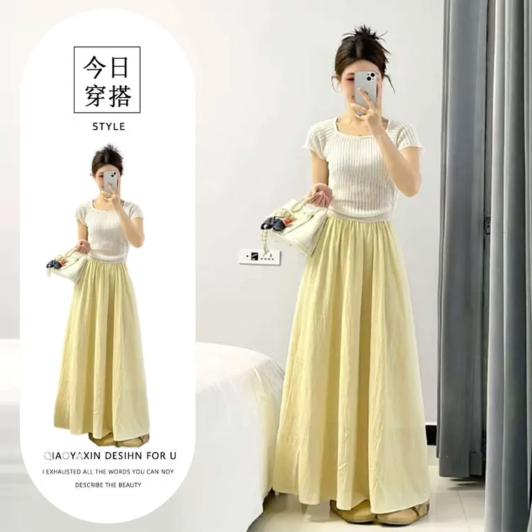 夏季超火穿搭一整套韩系气质显瘦修身方领针织衫高腰半身裙两件套