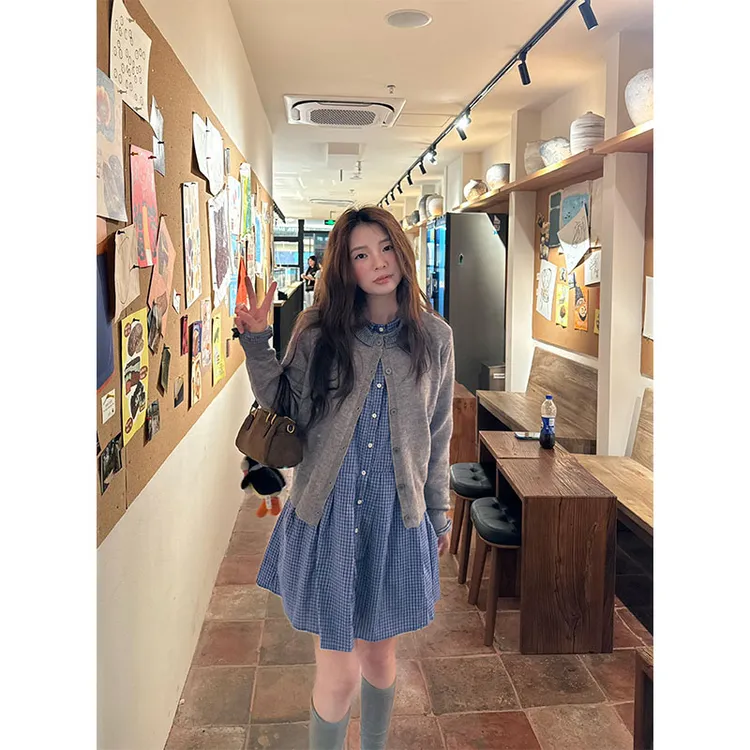 温柔早初秋微胖穿搭套装慵懒学院连衣裙搭配灰色针织开衫两件套女