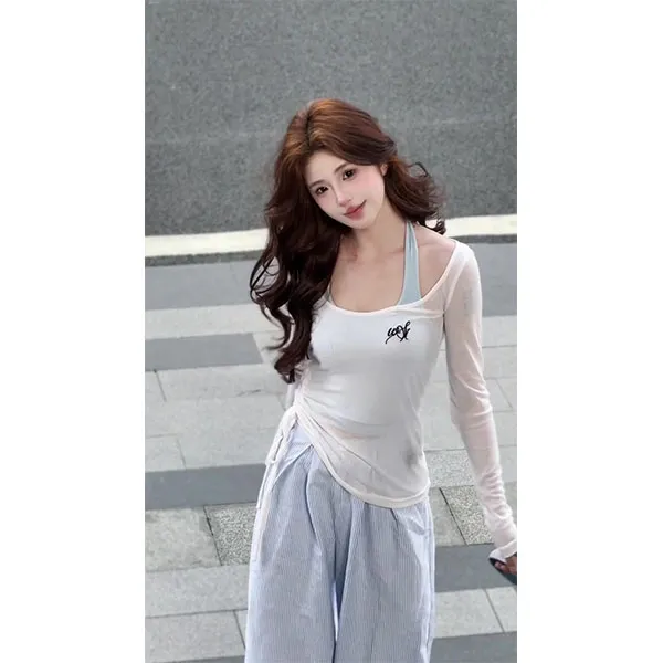 松弛感chic甜辣穿搭夏日绝美小套装吊带罩衫条纹裤三件套新款女装