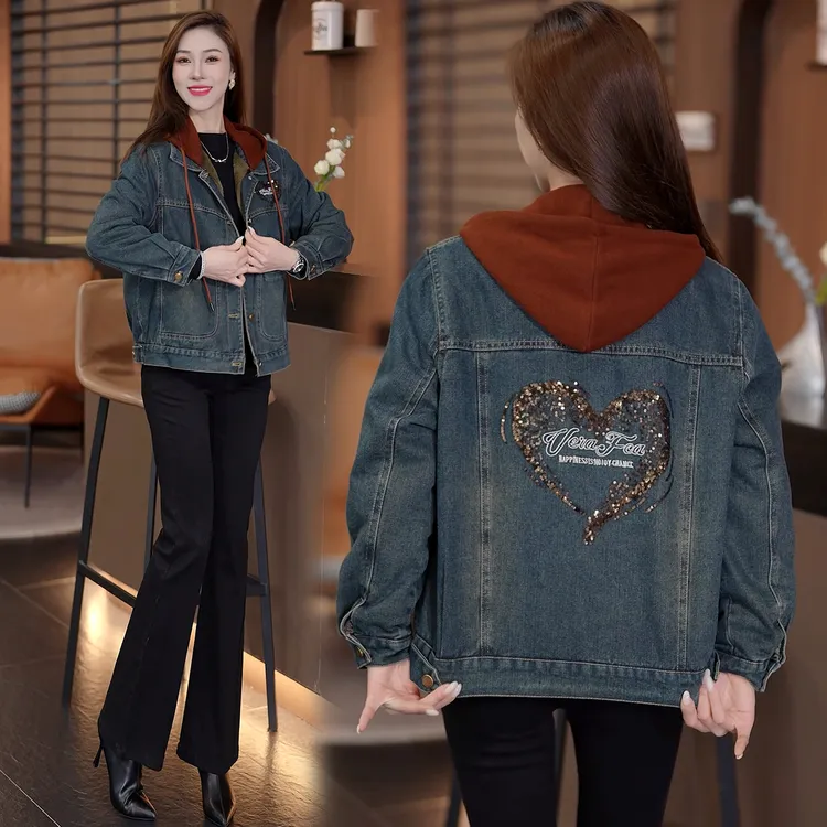 休闲风加绒加厚连帽牛仔短外套女2025冬季新款宽松显瘦保暖上衣潮