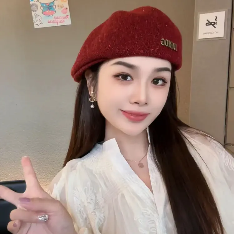 秋冬新款定型前进帽亮片时尚百搭贝雷帽个性显脸小鸭舌帽保暖帽女