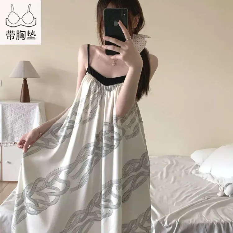 冰丝带胸垫性感纯欲风高级感法式女士夏季睡衣睡裙连衣裙吊带裙