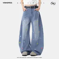 秋季新款美式复古星星刺绣情侣弯刀阔腿牛仔裤N6089