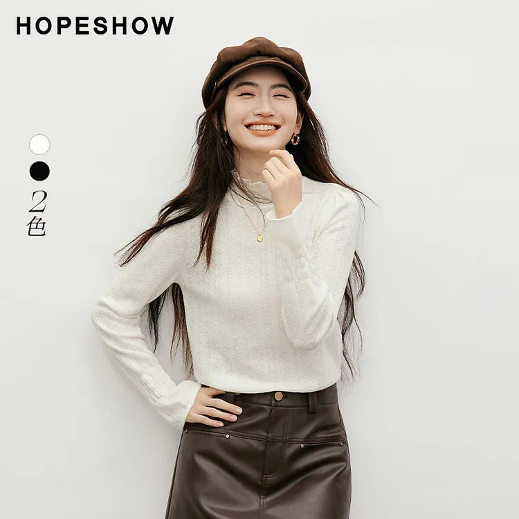 红袖2025秋女装 蕾丝提花木耳边喇叭袖正肩立领针织衫90225290104