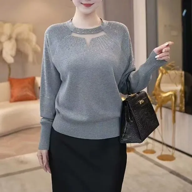 2025秋冬新款时尚气质蕾丝烫钻针织衫洋气显瘦长袖毛衣打底衫上衣