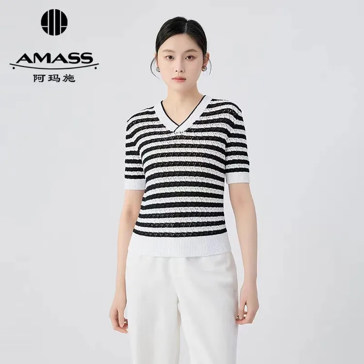 AMASS/阿玛施春夏新款时尚洋气高级条纹短袖百搭显瘦针织衫538023