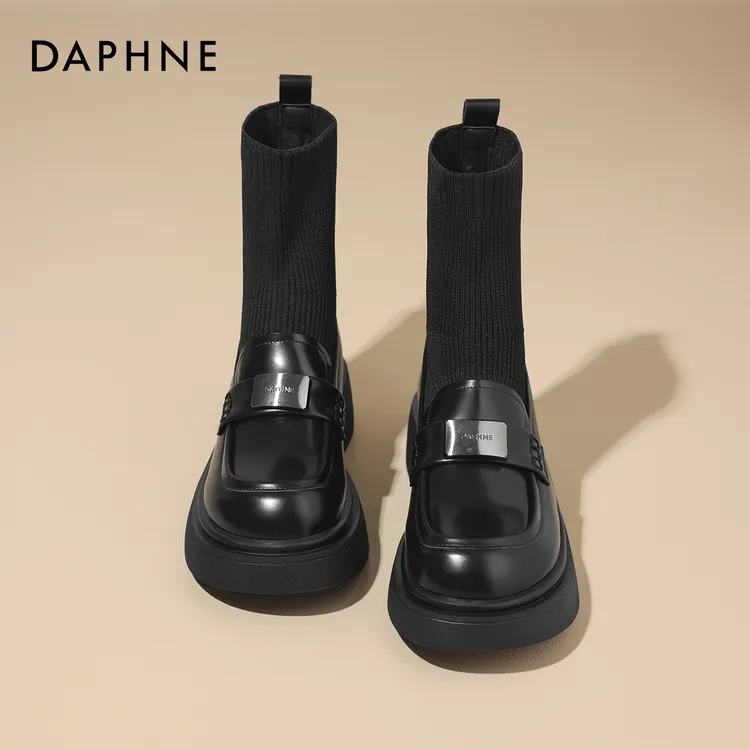 达芙妮袜靴女2025秋冬新款厚底英伦风袜子乐福鞋弹力瘦瘦单靴短靴