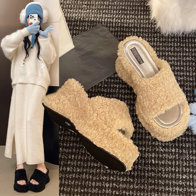 韩版网红防滑超高跟坡跟拖鞋时尚厚底增高9CM平底一字拖毛绒外穿