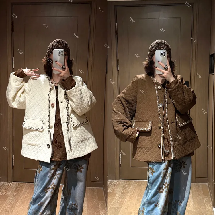 YDFSTUDIO小众【菱格印章】欧货早秋重工菱格拼接设计时尚棉服外套