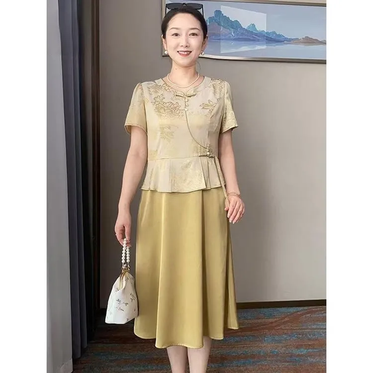 妈妈夏装国风短袖连衣裙贵夫人高贵洋气裙子中老年女装假两件长裙