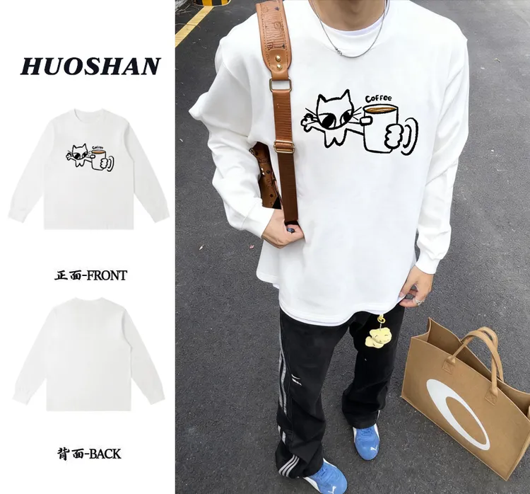 秋冬咖啡猫印花长袖t恤重磅纯棉美式潮流男情侣上衣ins宽松百搭