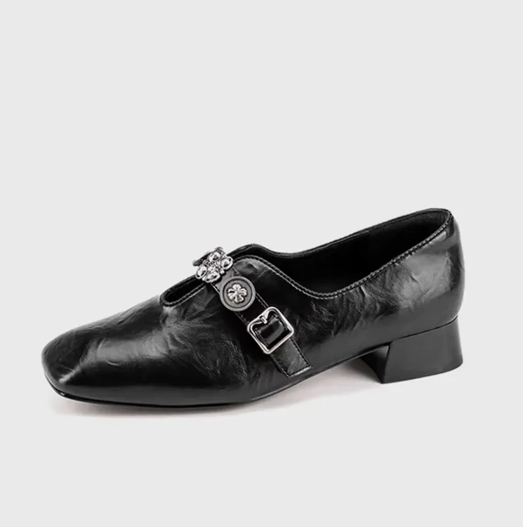 【翘颜品牌】2025秋季方头套脚修面皮摔纹皮单鞋8259