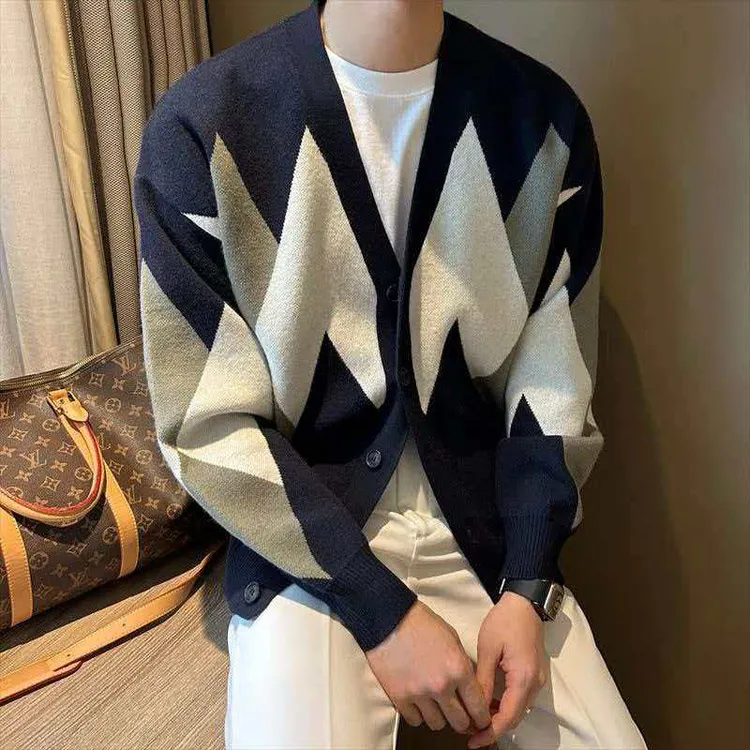 新款开衫毛衣男士菱形格提花潮流百搭韩版秋季日系针织衫ins秋冬