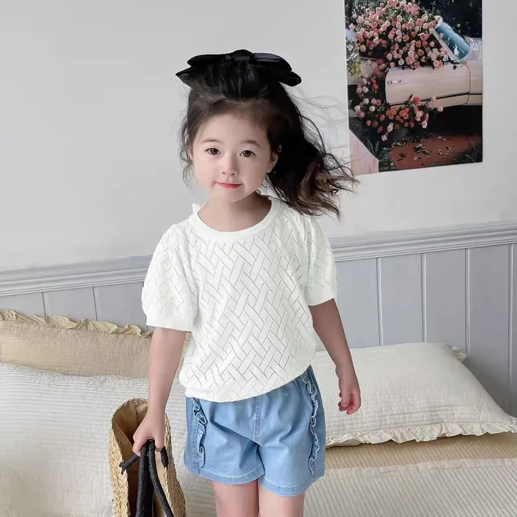 女童T恤2025夏季新款冰丝薄款针织衫蝴蝶结镂空女童宽松T恤公主风