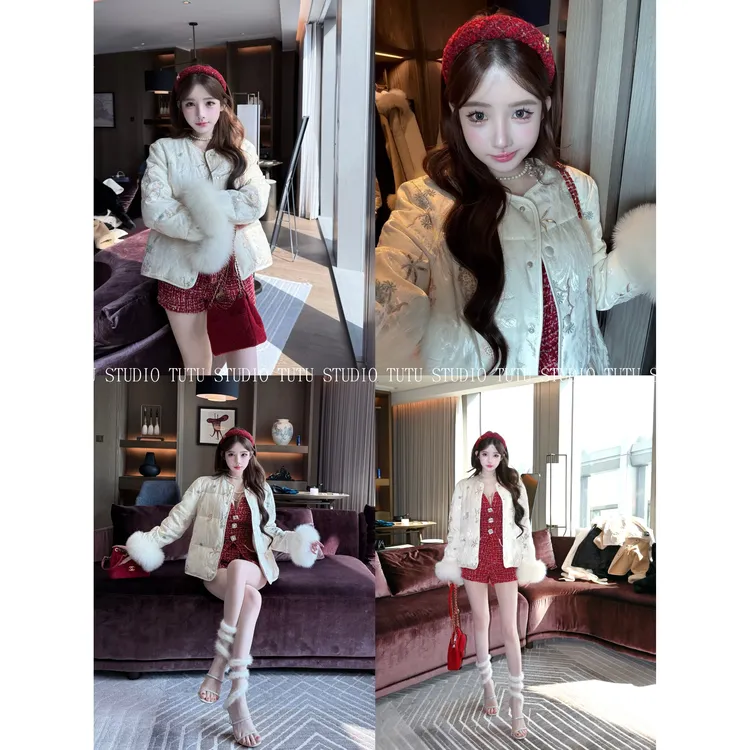 TUTU【皎白雅韵】90白鹅绒/袖口狐狸毛提花修身外套羽绒服#WT1632