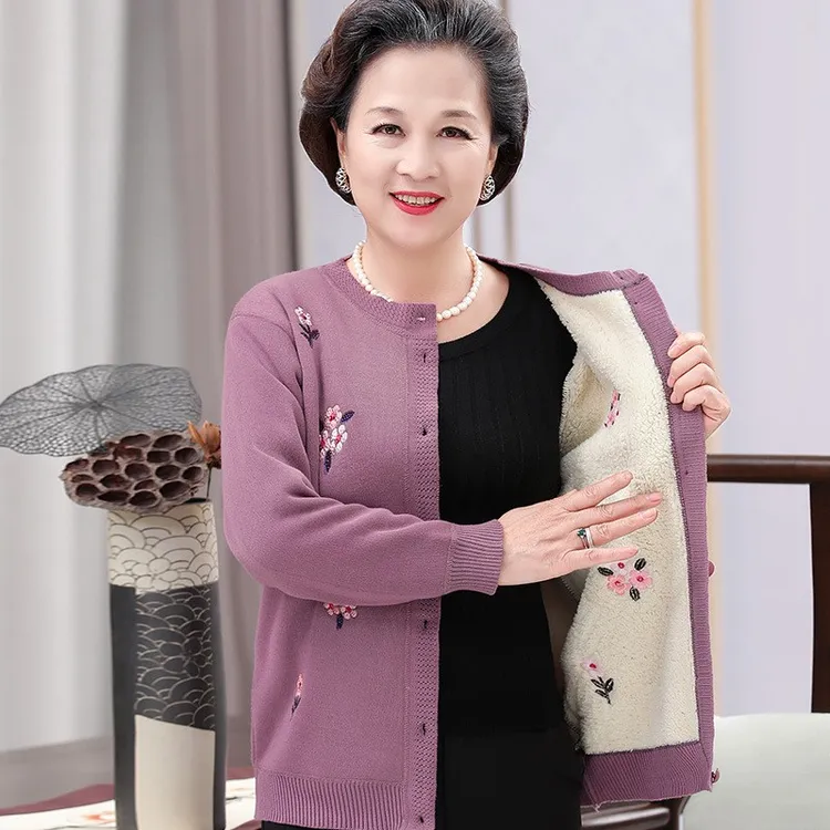中老年人针织开衫秋冬女装妈妈外套加绒加厚毛衣奶奶保暖上衣打底