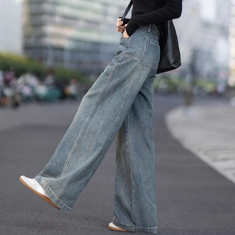 复古蓝色加绒牛仔裤女款爆款2025新款秋冬季直筒裤高腰阔腿裤长裤