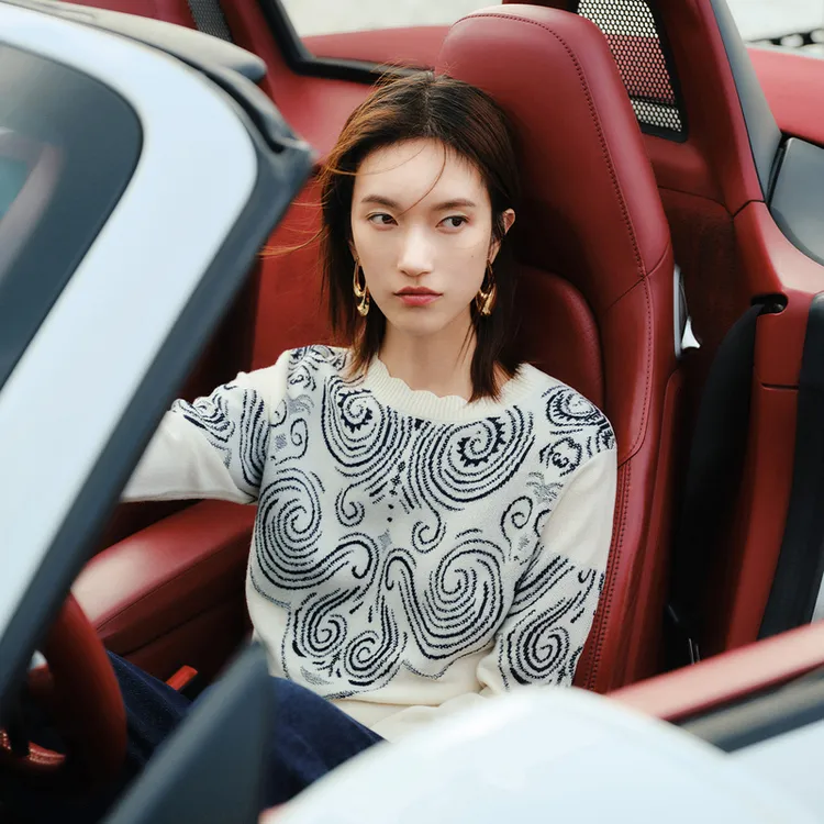 EP雅莹蓝标系列丨气质针织提花收腰套头羊绒衫 2025早秋新款9520A