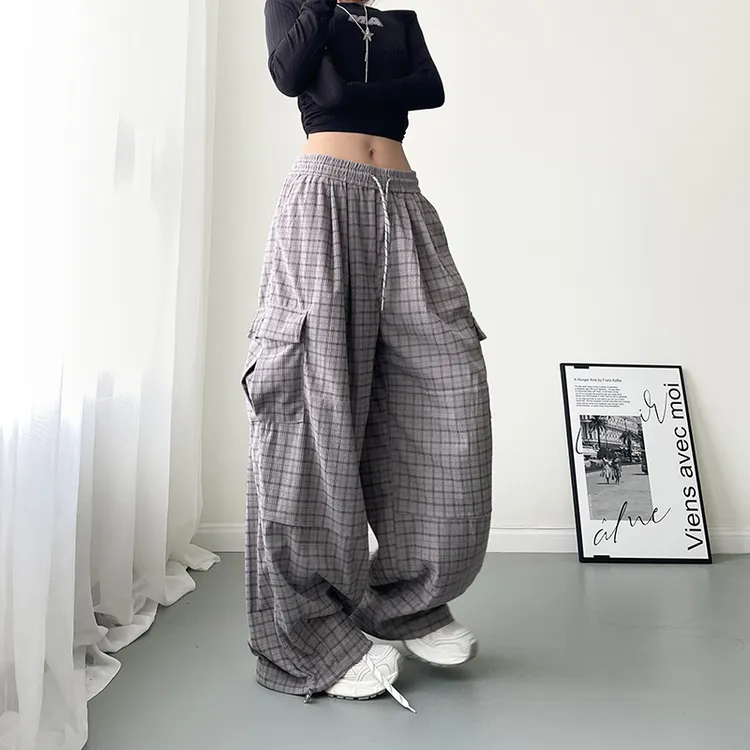 大码高腰格子设计感垂感阔腿裤女2025秋季新款宽松显瘦美式工装裤