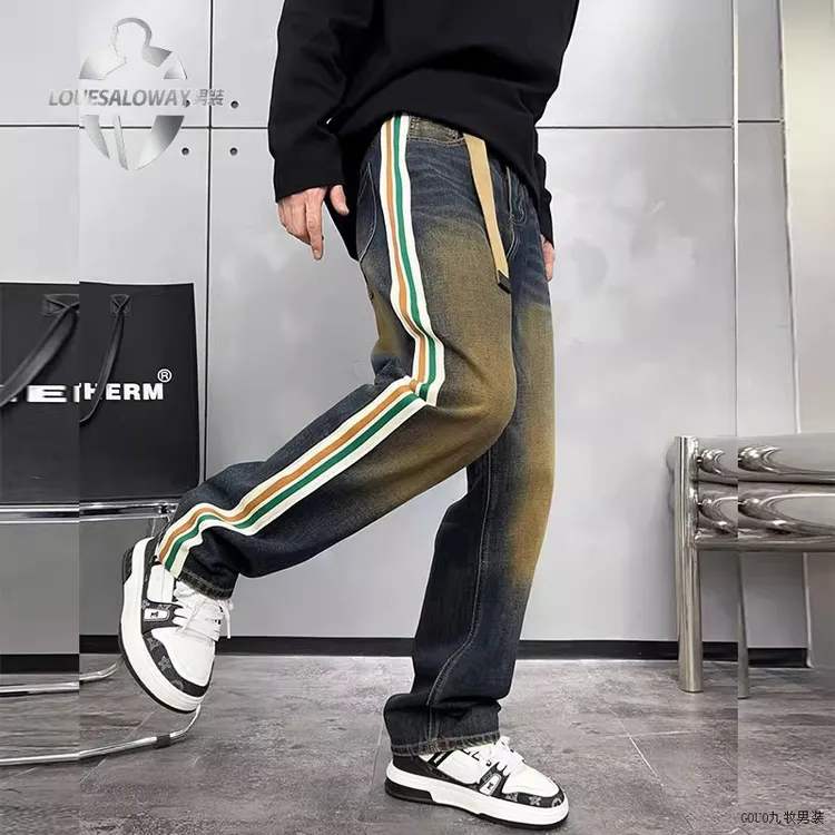 潮流男士宽松直筒休闲条纹水洗百搭牛仔长裤青年春夏裤子秋季时尚