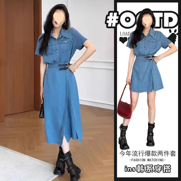 复古气质假两件短袖牛仔连衣裙女2025夏季新款设计感收腰a字长裙