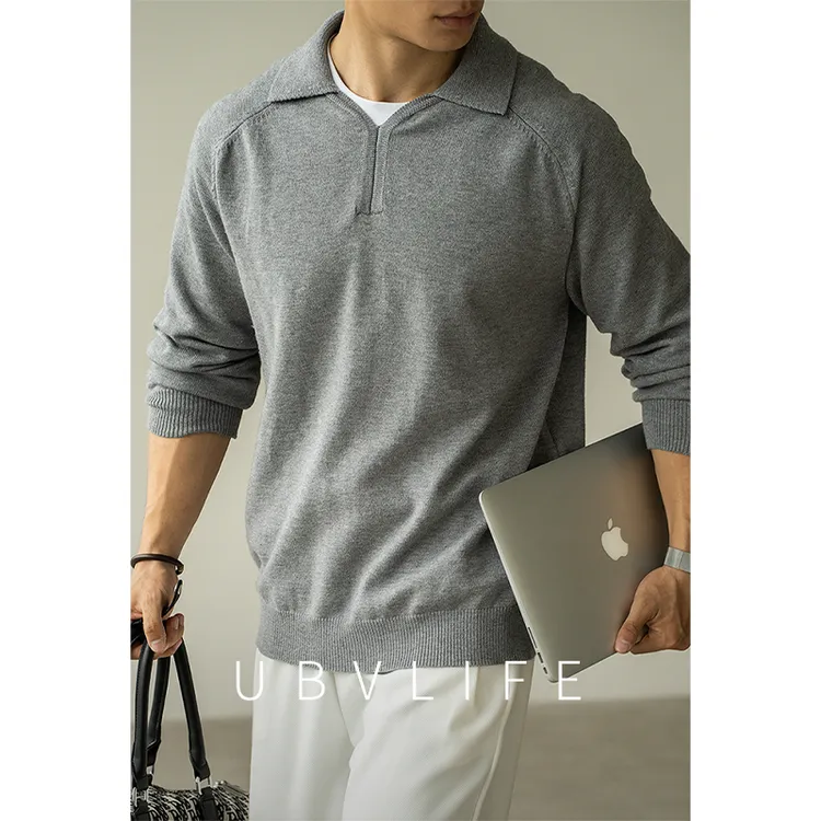 秋冬新款高级感小v领半开襟针织衫毛衣男士老钱风休闲百搭T恤线衣