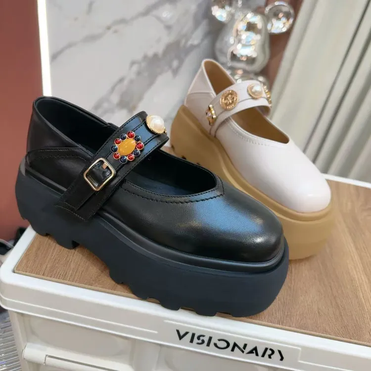 厚底玛丽珍女鞋2025春季新款真皮单鞋女一字带浅口松糕鞋2705-7泊