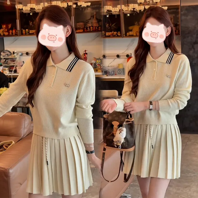 时尚洋气套装女初秋装爆款韩版POLO领长袖针织衫a字半身裙两件套