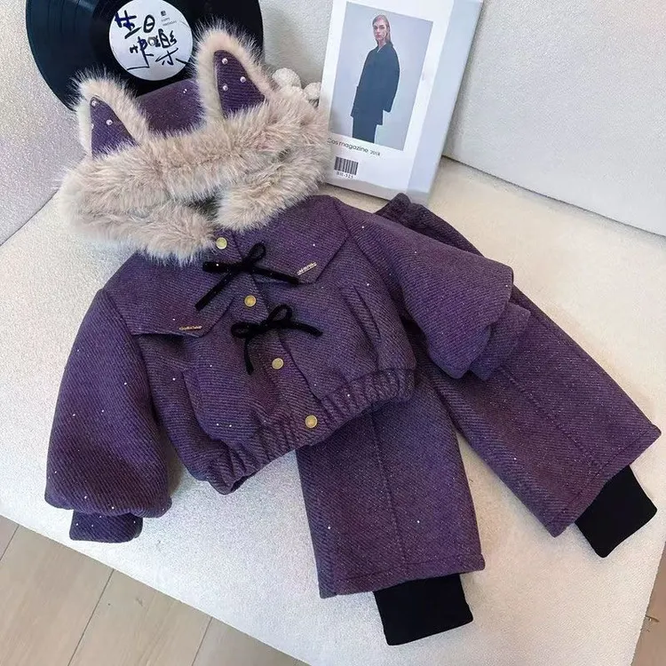 女童冬季套装2025新款小女孩韩版时髦拼接款儿童加厚外套长裤套装