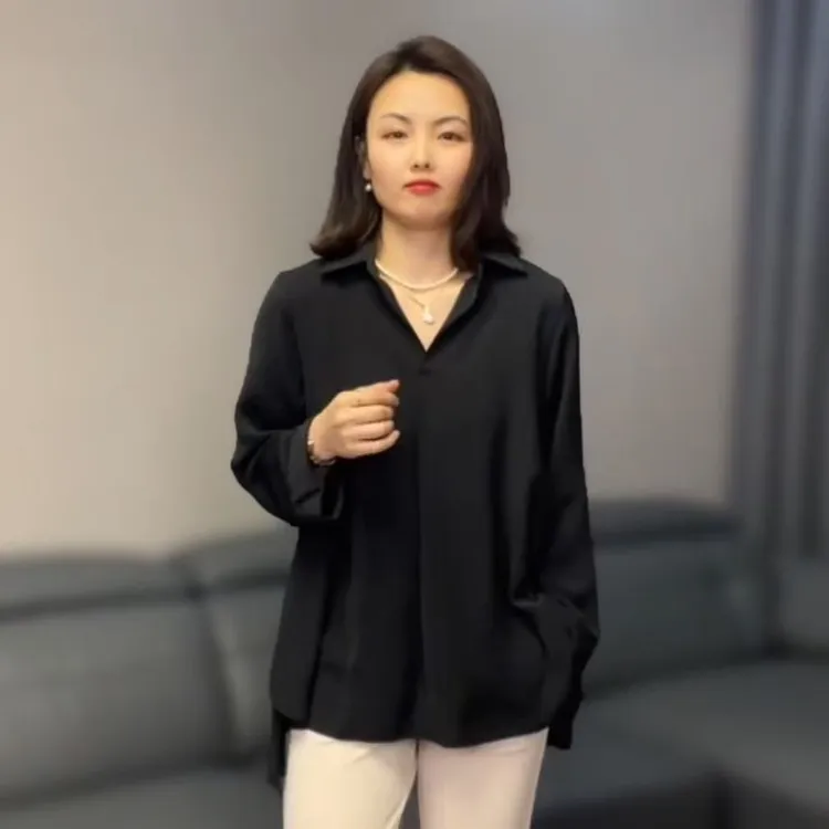 【香香优选】韩国中长款V领后背百褶衬衫新款女士时尚洋气舒适高端