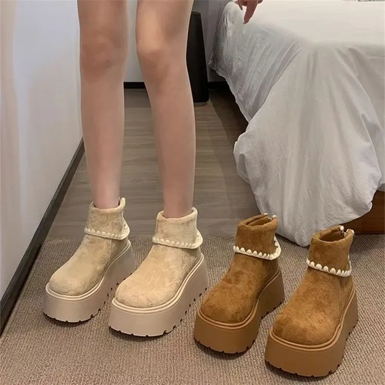 秋冬新款后拉链中跟格子马丁靴短筒骑士靴小个子女鞋筒靴加绒加厚