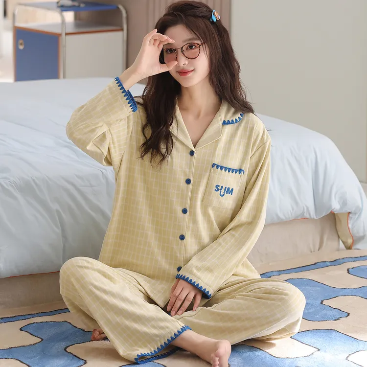 卡之恋睡衣冬季女芥末黄格开衫加厚加绒毛绒绒家居服【加厚绒】